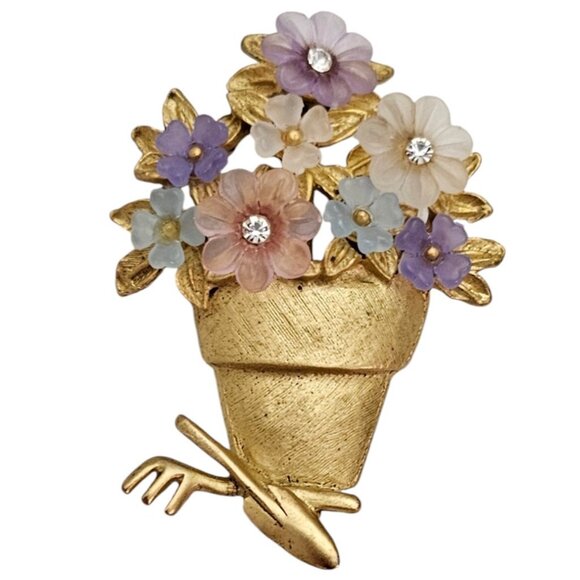 LIA Lucite Pink, Purple Blooms Garden Tools  Flower Pot Brooch Pin, Signed L496 - Picture 2 of 8